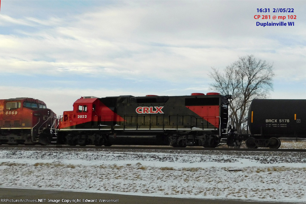 CP 281, 4 x 1 Saturday, shuttles fresh GP38-2 (nee SOU) CRLX 2022 headed to Centex Rail Link (Canadain Railserve)